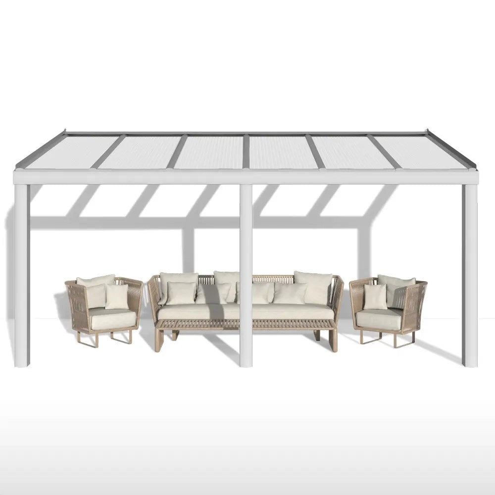 Terrassendach Alu weiß mit 16mm Stegplatten opal/weiß - Detailansicht | Hochwertige Hohlkammerplatte