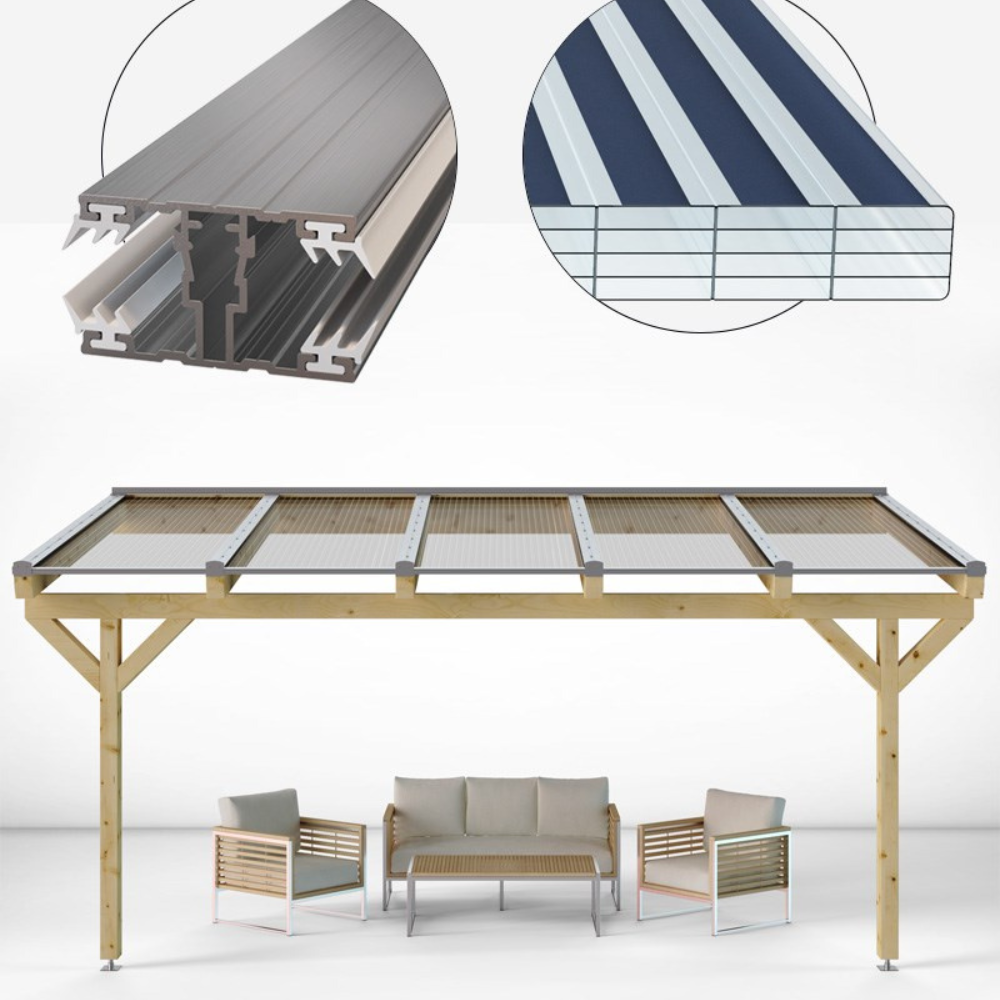 Doppelstegplatten Komplettset Polycarbonat 16mm gestreift klar/graphit inkl. Profile und Zubehör