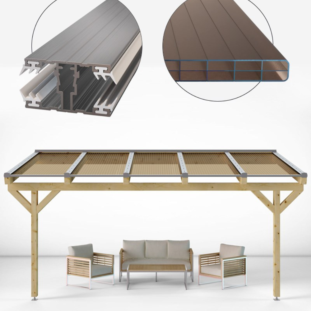 Doppelstegplatten Komplettset Polycarbonat 16mm 3-Fach Struktur bronze inkl. Profile und Zubehör