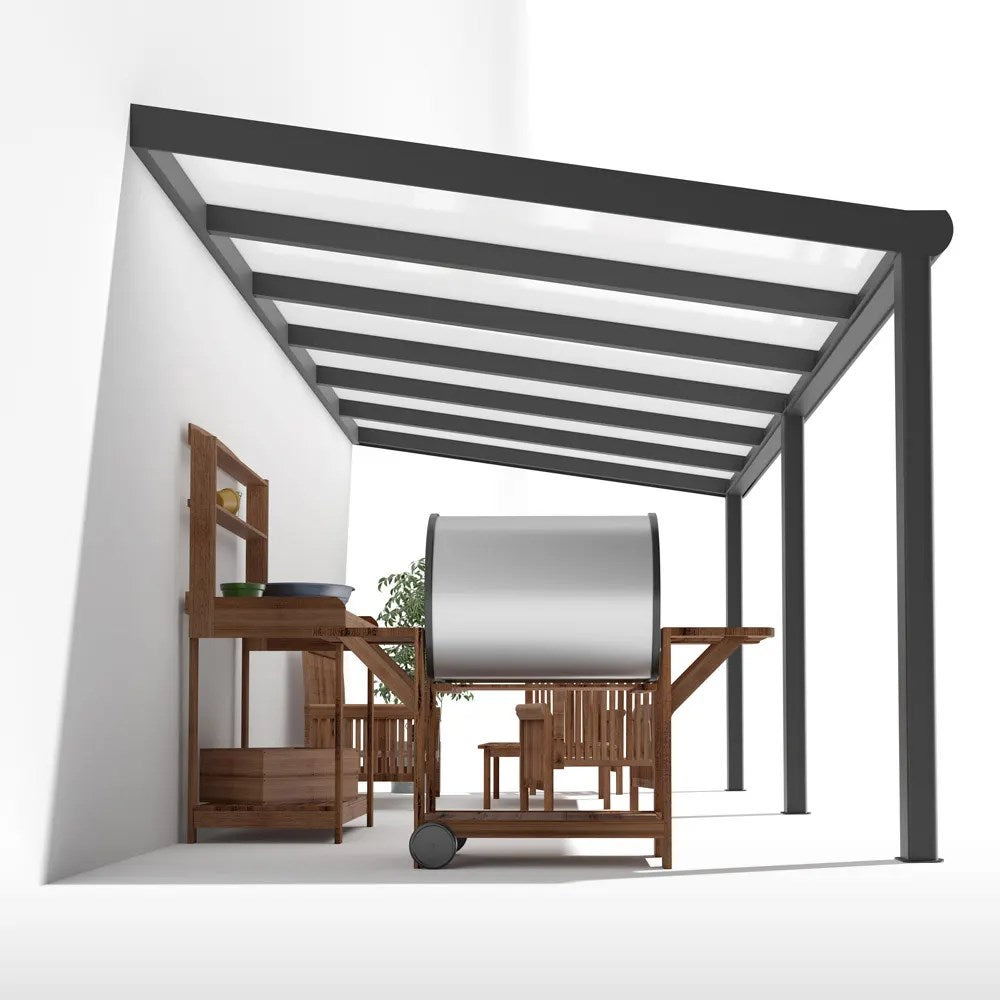 Terrassendach Alu Anthrazit mit 8mm VSG Glas opal/milchig - Anwendungsbeispiel | Glassystem für Außenbereich